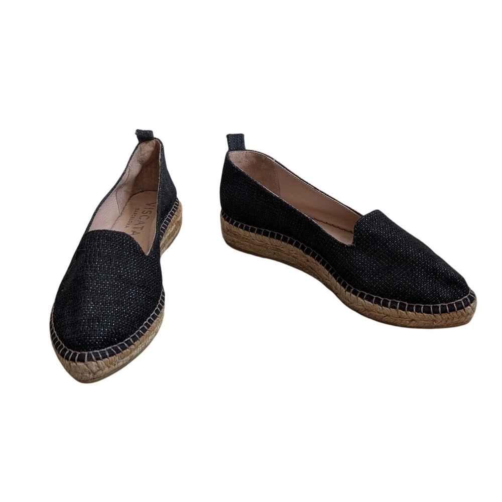 Viscata Barcelona Black Glitter Espadrille Flats Pointed Toe Made in Spain 38
